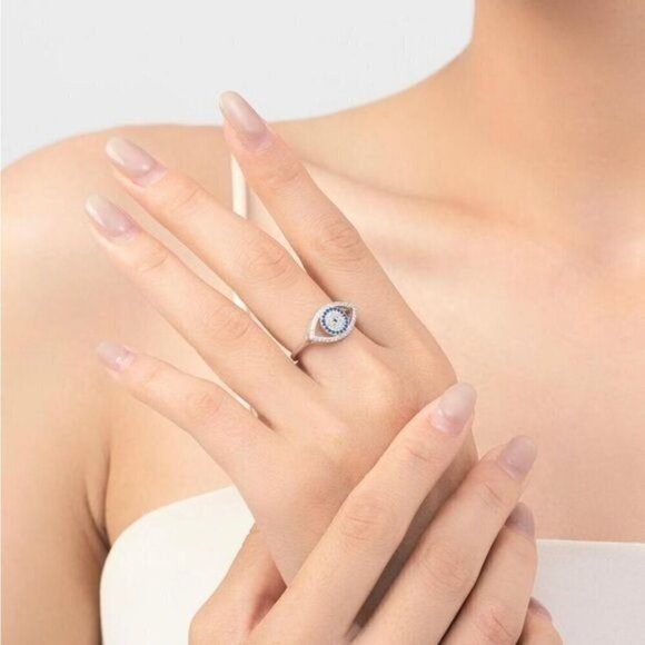 S925 Sterling Silver Transparent Square Cubic Zirconia Ring With Blue Zirconia - Picture 5 of 5